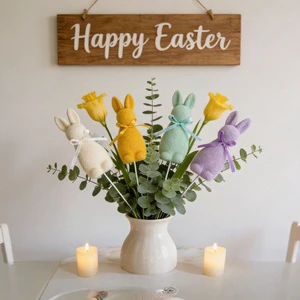 Wholesale Easter Rabbit Flocked Ornament with Bow Multiple Colors Flower Arrangement for Festival Party Decoration