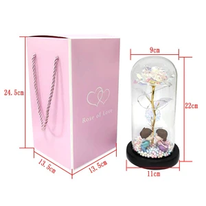 Luxury 24K Gold Foil Rainbow Rose Glass Dome New Product Ideas for Wedding & Christmas Forever LED Preserved Valentine Gift Sets