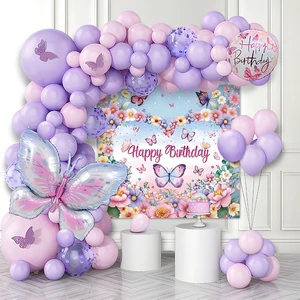 1 Purple Butterfly Birthday Party Balloons Set Happy Birthday Background Cloth for Kids' Birthday Party Decoration Supplies