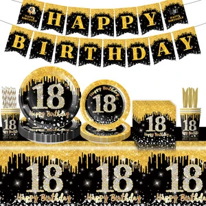 Black Gold 18-Year-Old Adult Gift Theme Set Paper Plate Tissue Tablecloth Party Decoration Party Tableware Table Decorations