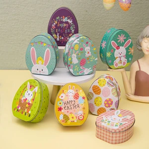 New Easter Decoration Bunny Flat Egg Shaped Iron Box Children's Gift Box Easter Bunny Candy Box