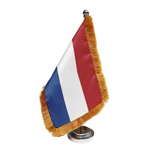 Custom Elegant Golden Fringe Small Standing Flag France Bastille Day Diplomatic Conference Supply Silver Color Stand