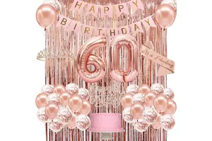 HAWIN 60th Birthday Party Supplies for Women Reusable Rose Gold Balloons & Cake Toppers with Crown Sash Indoor Use