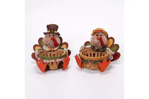 2-Piece Plush Turkey Figurine Set with Harvest Basket Fall Thanksgiving Tabletop Decor Christmas Ornament