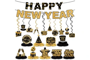 2026 Black Gold Theme Luxury Paper New Year Honeycomb Ornament Spiral Hanging Decoration Eco-Friendly