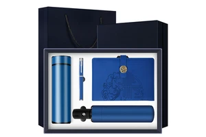Custom Logo Silk Screen Stainless Steel 4-in-1 Notebook Pen Flask Umbrella Set for Father's Day