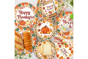 Thanksgiving Fall Party Supplies - Dinnerware Set with Autumn Maple Leaves Paper Plates Napkins Cups for Harvest Celebrations