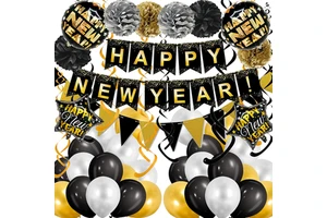 New Year's Day Theme Party Decoration New Year's Eve Party Decoration Black Gold Flag Spiral Balloon Set