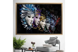 Printed Canvas Artwork: Modern Venetian Carnival Masks Wall Decor,GOLD FRAMED CANVAS