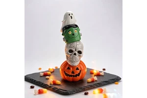 Halloween Stacked Pumpkin Skull Frankenstein Ghost Ceramic Light up Jack O Lantern Decoration