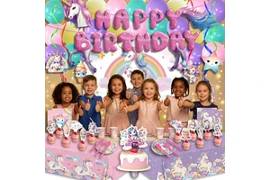 Unicorn Rainbow One-Click Birthday Party Kit 45pcs Complete Set with Banner Balloons Tableware Kids 1st Birthday Supplies
