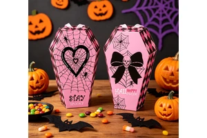 Thick White Cardboard Tombstone Shape Halloween Candy Box Spooky Skull Print for Kids Trick or Treat Sweet Toy Goodie Packing