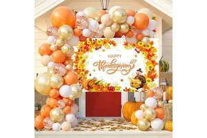 Happy Thanksgiving Party Supplies with Orange Balloon Garland Arch Kit Tablecloth for Thanksgiving Day Decoration