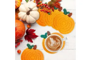 Handmade Fall Pumpkin Decor Knitted Drink Coaster Set 6 Pack Table Protection for Thanksgiving for Home Custom Mats Pads