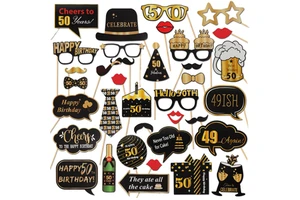 Black Gold Funny Adult Birthday Decorative 50th Photo Booth Props Kit for 30 50 Years Old Birthday Party Photo Supplies