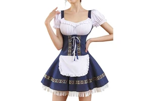 German Beer Festival Waitress Costume - Patchwork Design Elegant A-Line Skirt Outfit for Bar Party & Christmas Celebration