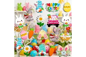 12-Piece Adult Easter Decoration Set with Burlap Easter Eggs Wooden Rabbits Little Men Truck Signs & 'Happy Easter' Indoor Toys