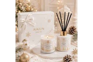 AIKUN Bulk Order Manufacturer Private Label Reed Diffuser Fabric Ceramic Candle For Holiday Christmas Style Gift Set