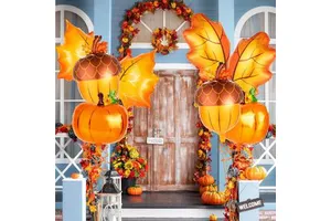 Thanksgiving Themed Aluminum Foil Balloon Set, Pumpkin Maple Leaf Harvest Themed Holiday Party Decoration Supplies