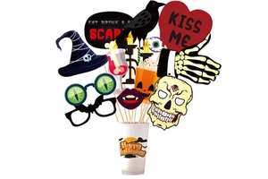 Halloween Photo Booth Props, Selfie Signs for Kids & Adults, Spooky Party Supplies & Decorations, Pumpkins Ghosts & Bats