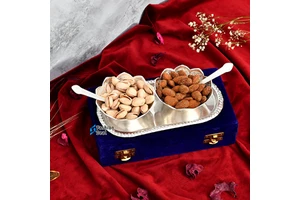 German Royal Luxury Box Set round Silver Brass Bowl with Tray and Spoon Home Decor for Dry Fruit Sweets Made of Durable Metal