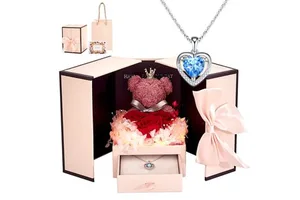 Mother Day Gift 2024 Christmas Valentines Day Eternal Flower Roses Cute Bear and Necklace Preserved Rose Self Care Gift Set
