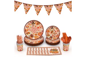 Turkey Maple Dinner Cutlery Contains Plates Napkins Cups Cutlery and Tablecloths for Thanksgiving Party Decorations