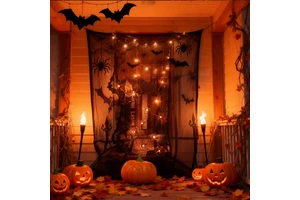 Halloween Decoration Set Fireplace Wall Window Decoration Gauze Spider Mesh Bat Tablecloth With LED Halloween String Light