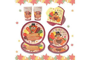 Ychon Thanksgiving Party Tableware Set Pumpkin Turkey Disposable Party Paper Plates Thanksgiving Party Decorations Supplies