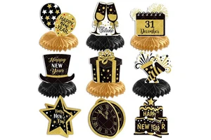 Gold Black Happy New Year Theme Kids Christmas Party Desktop Decoration Set Honeycomb Ornaments 3D Card Honeycomb Table Decor