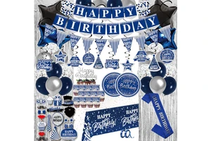 Men Birthday Party Navy Blue Silver Banners Swirls Curtain Plates Tablecloth Cupcake Toppers Balloons Photo Props Sash Supplies