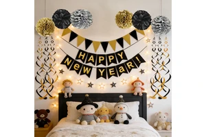 640426 New Year's Eve Party Decorations Kit: Black, Gold, and Silver , and "Happy New Year" Banner for a Glamorous Celebration