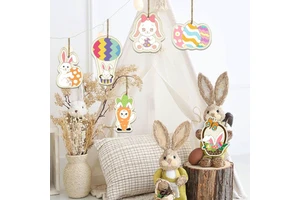 Creative Easter Party Decoration Wooden Rabbit Pendant with Easter Eggs Number-Shaped Hanging Products