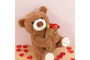 Promotion Stuffed Animals Soft Plush Bear Hold Flower Bouquet for Valentine's Day Gift Birthday Gift Mother's Day Gift
