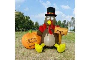 5 FT Thanksgiving Inflatables Turkey Decoration with Pilgrim Hat & Colorful Tail LED for Holiday Party Yard Turkey Inflatable