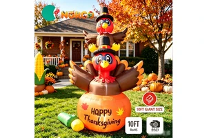 10FT Thanksgiving Inflatable Stacked Turkey Pumpkin, LED Lighted Blow up Yard Decoration, Outdoor Thanksgiving Decor for Party