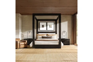 RH DAVOS OAK FABRIC CANOPY BED King Size Four Poster Bed Solid Wood Frame White Upholstered Headboard Traditional Wall Bed