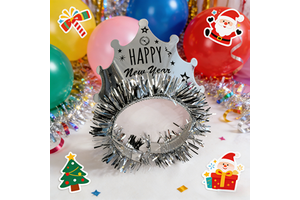 Wholesale OEM Silver Happy New Year Crown Headband with Tinsel Party Hair Accessory NYE Party Hair Accessory