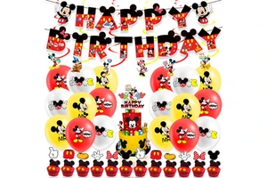 Happy Birthday Theme Party Kit Cartoon Mouse Cupcake Topper Happy Birthday Banner Balloon Combination Party Supplies for Boys
