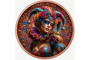 2024 Ley .999 Pure Copper Round 1 Onza Venetian Harlequin Carnival Mask Lady Mexican Day Dead 3D Badge Casting