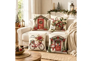 Custom OEM 4 Pack Christmas Printed Square Pillow Covers Polyester Anti Wrinkle Winter Holiday Decorative Throw Cushion Covers