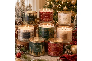 AIKUN Seasonal Holiday Gold Foil Soy Wax Three Wick Scented Candle Glass Jar Candle Gift Set For Christmas Wholesale