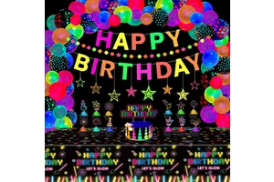 Kids Birthday Party Hanging Banner Stars Dots Garland Fluorescent Glow Non-toxic Balloons Glow Sticks Cupcake Toppers Table