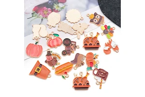 50 Pcs Thanksgiving Charms Set, DIY Pumpkin Turkey Squirrel Pendants, Enamel Alloy Keychain Accessories for Craft