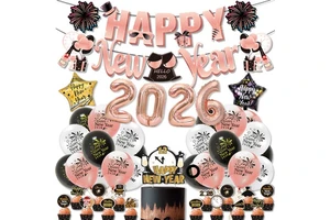 2026 HappyNewYear New Year Theme Party Decoration Set Rose Gold Latex Balloon and Flag Card