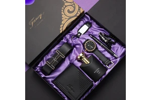 Men's Premium Business Gift Set Luxury New Year Watch Keychain Wallet Perfume Belt for Thanksgiving Christmas Father's Day