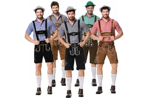 Yihaoyi Men Oktoberfest Costume Set Adult German Bavarian Lederhosen Shirt Hat Suspenders Halloween Beer Bar Festival Outfit