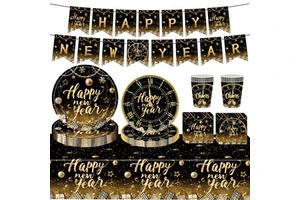 Modern Round Shape New Year Black Gold Themed Party Decorations Kit Paper Cups Tissues Tablecloths Banners Tableware UV Printing