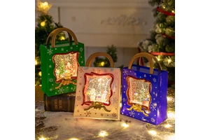 Christmas decorations: crystal balls, music boxes, handbags, snowflakes, lights, gifts, night