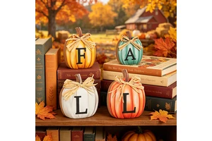 4PCS Fall/Thanksgiving Wooden Pumpkin Centerpiece with Raffia Bows & Letters. for Thanksgiving, Harvest, Halloween, Weddings